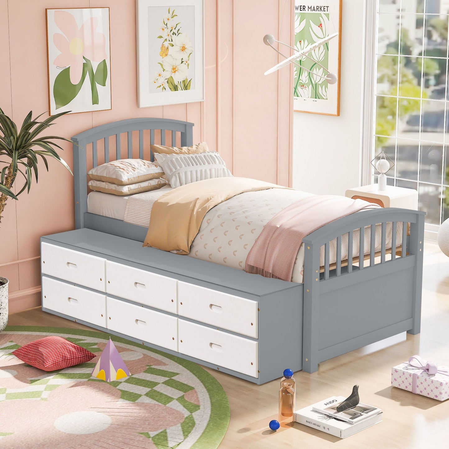 Platform Storage Bed Solid Wood Bed With 6 Drawers