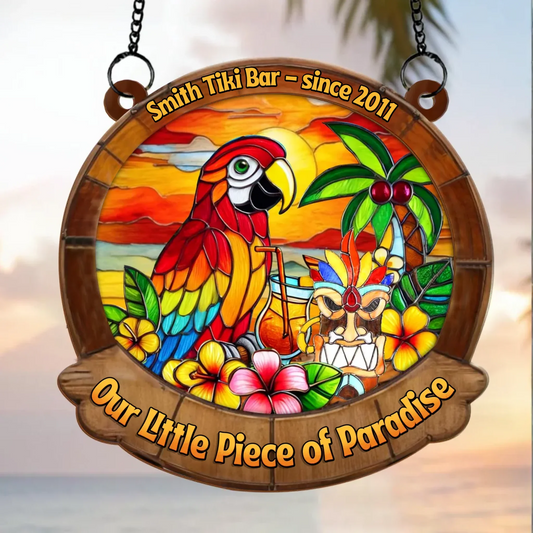 Personalized Tiki Bar Suncatcher - Gift Idea For Summer/ Family - Custom Family Name - Our Little Piece Of Paradise