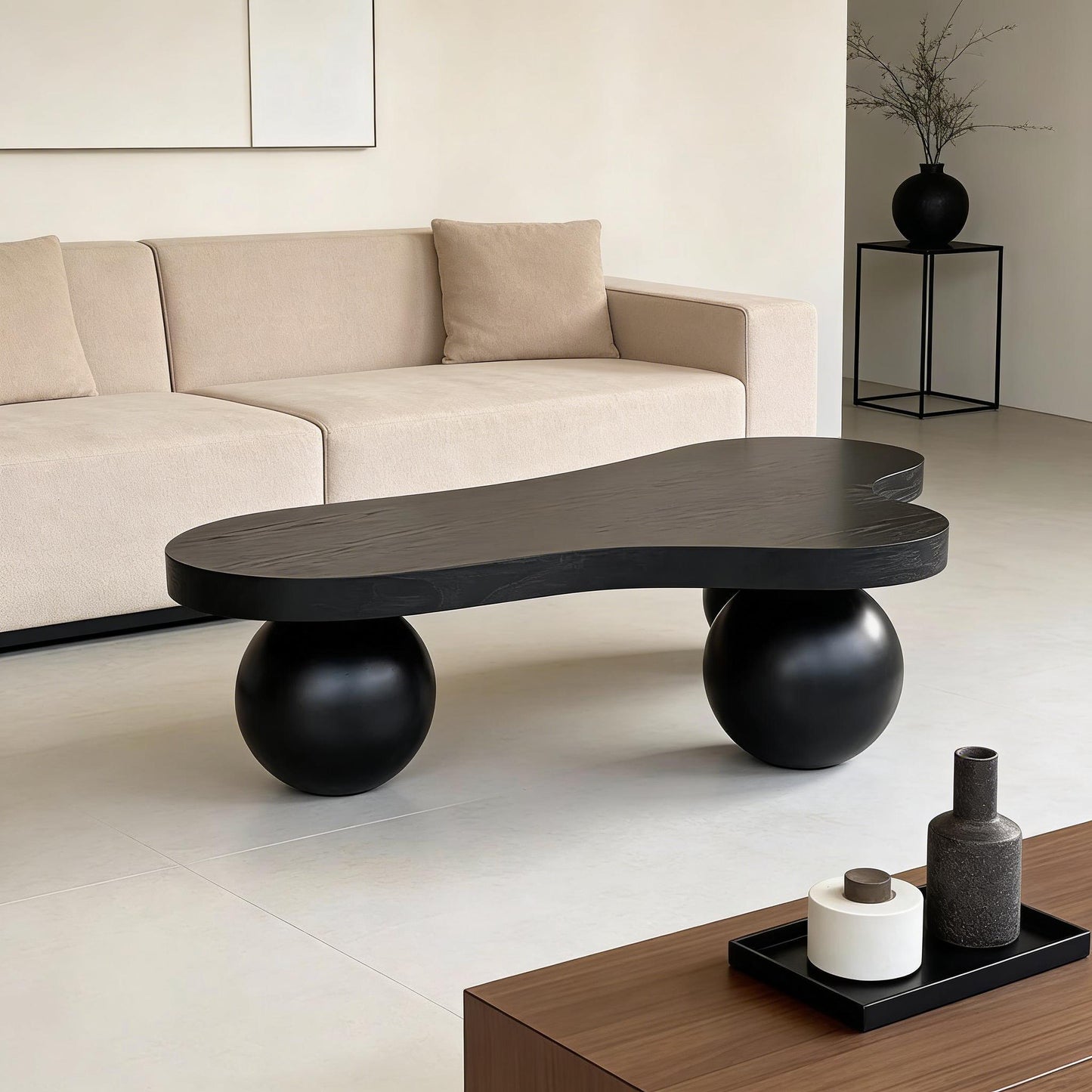 Cloud Shaped Coffee Table & 3 Ball Legs For Living Room - Black