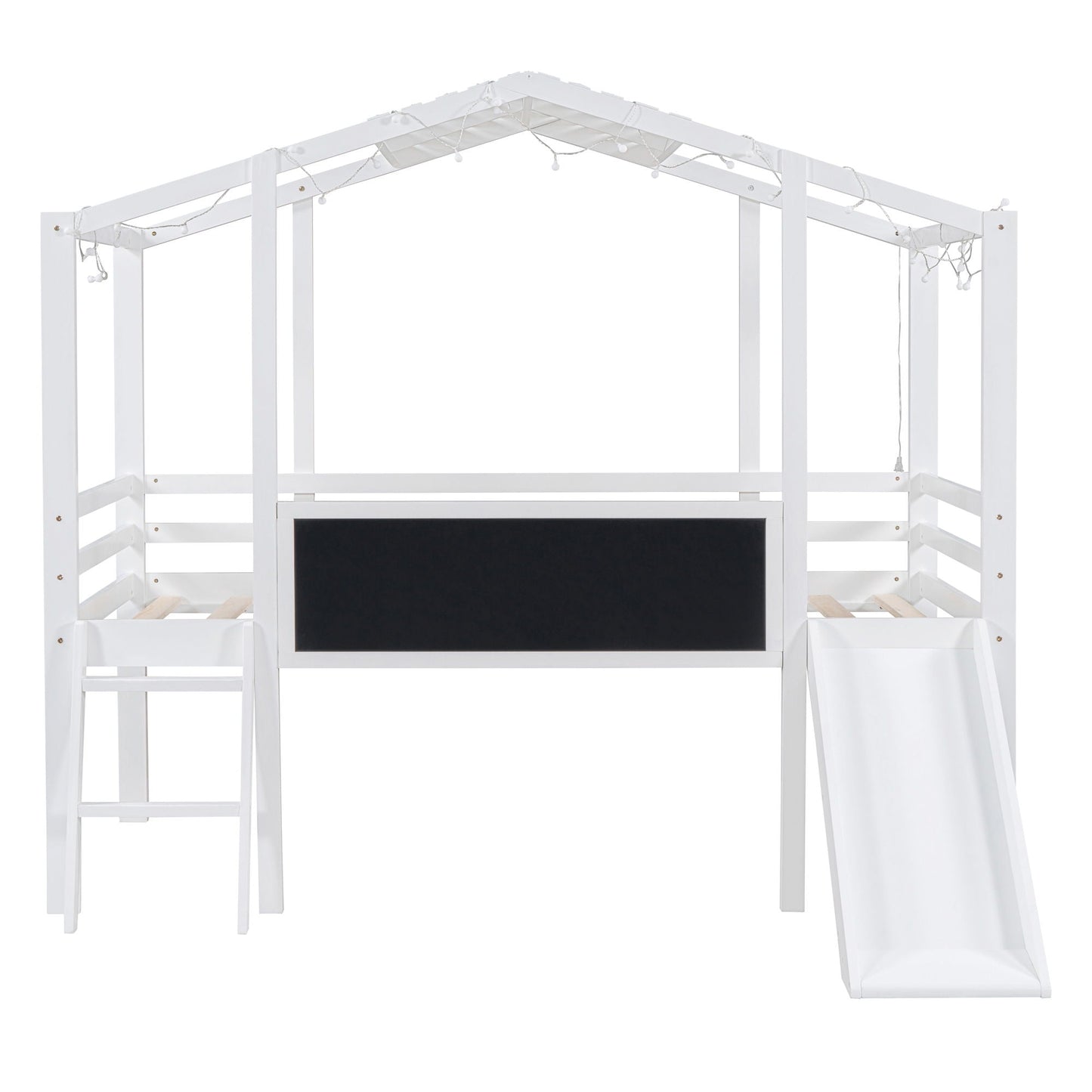 Loft House Bed With Ladder And Slide, With board And Light Strip On The Roof