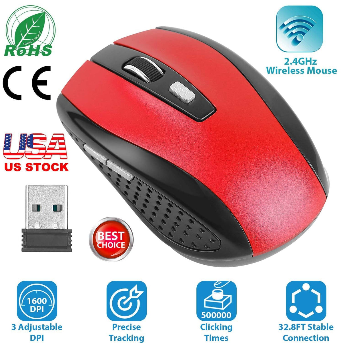 2.4G Wireless Gaming Mouse Optical Mice w/ Receiver 3 Adjustable DPI 6 Buttons For PC Laptop Computer Macbook