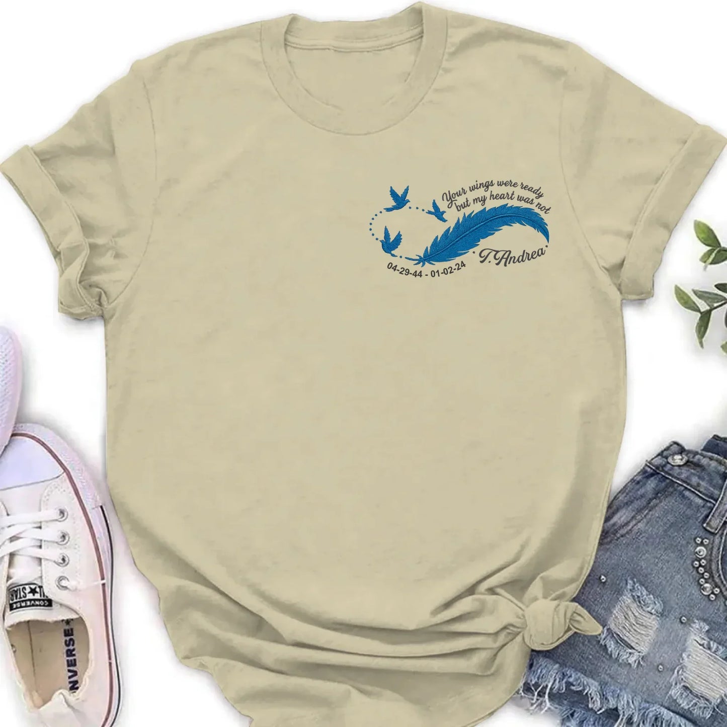 Custom Personalized Memorial Embroidered T-Shirt/ Sweater/ Hoodie - Memorial Gift Idea - Your Wings Were Ready But My Heart Was Not