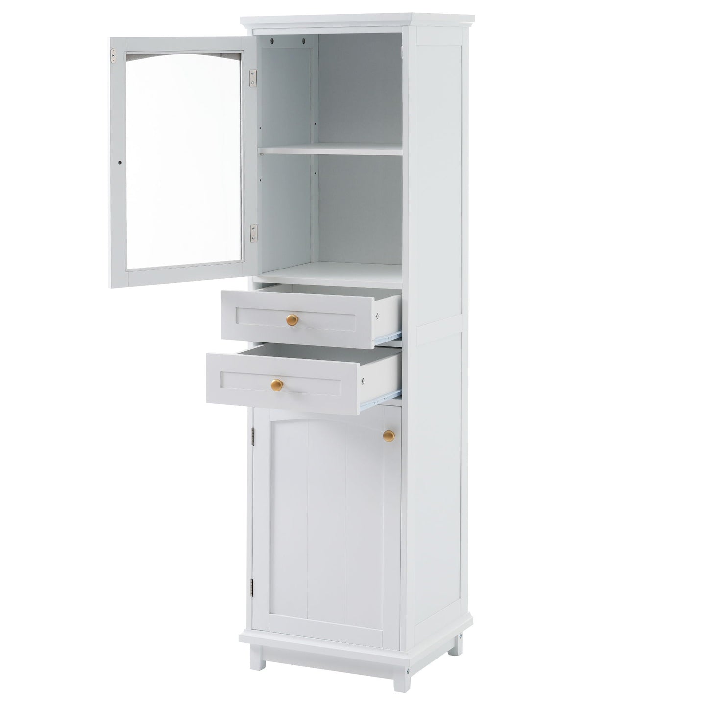 Tall Bathroom Storage Cabinet With Glass Doors, Free-Standing, Two Drawers, And Adjustable Shelves, Board, Painted Perfect For Displaying Your Favorite Items