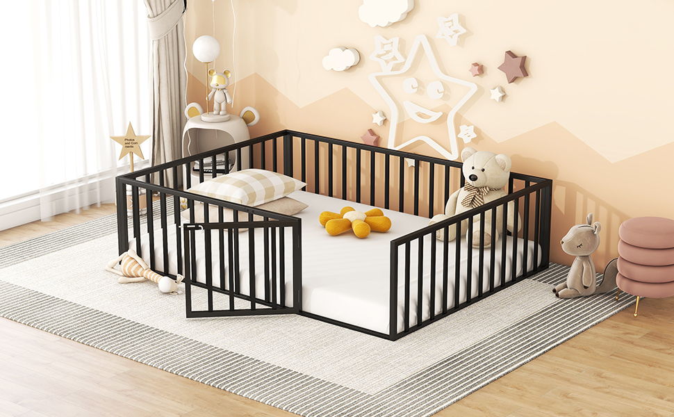 Metal Floor Bed Frame With Fence And Door