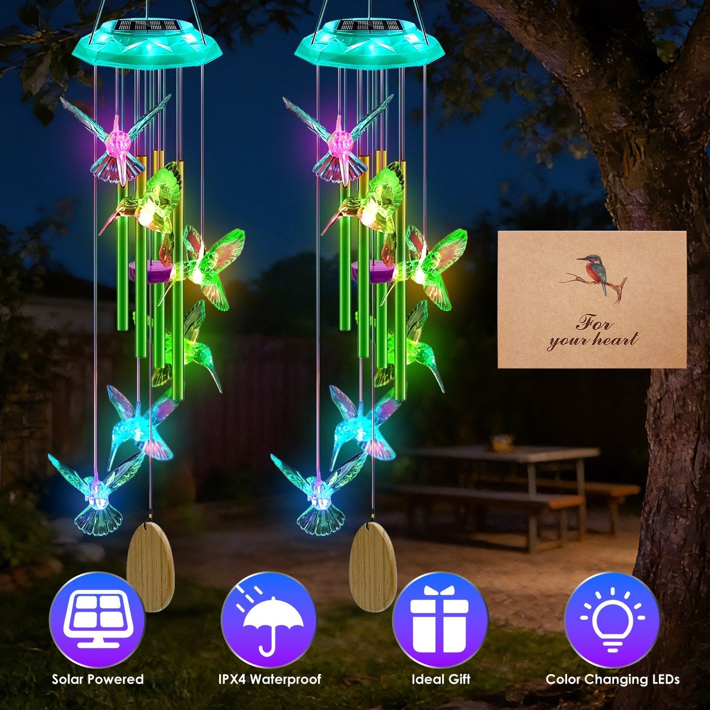 Solar Wind Chime with Color-Changing LED & Aluminum Tubes