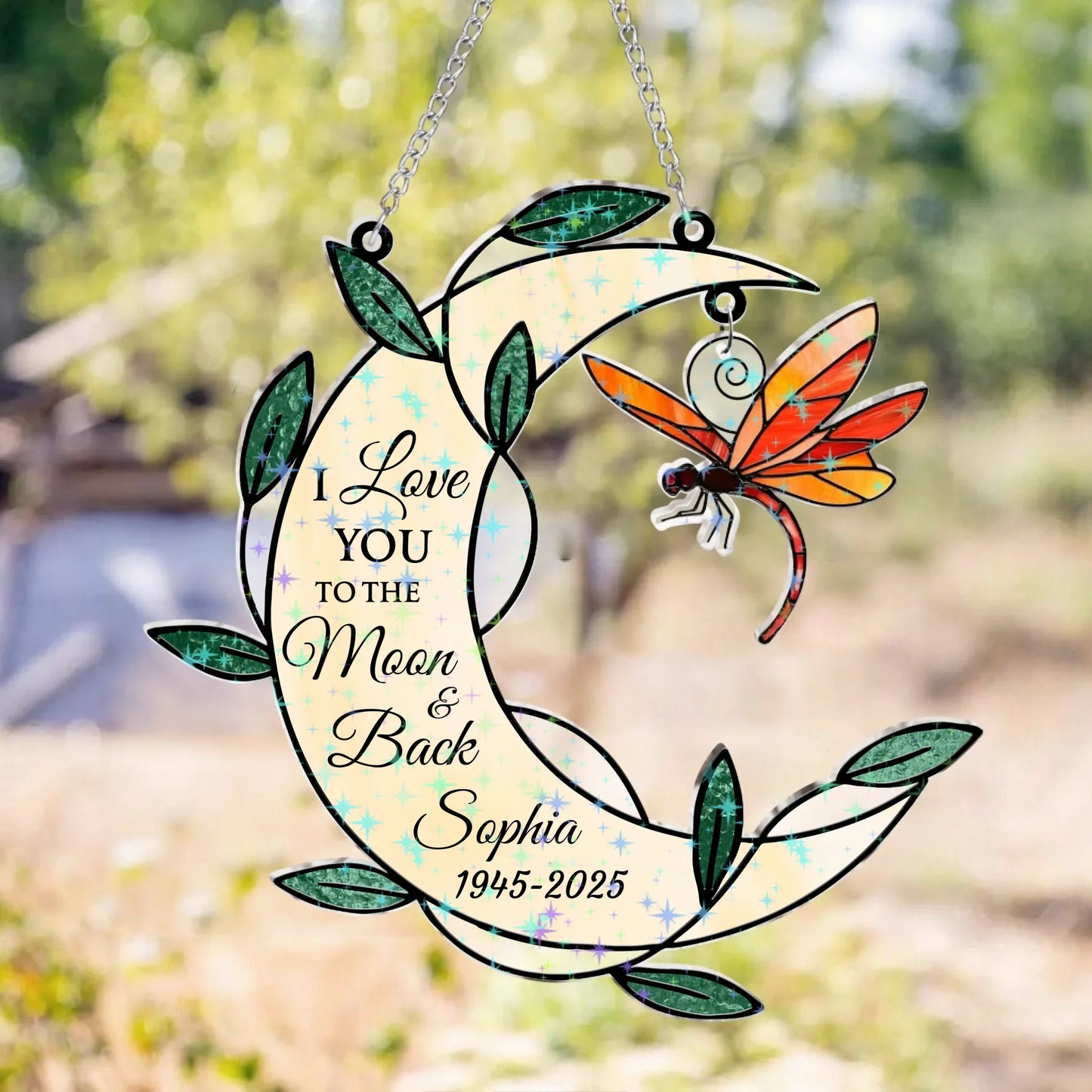 Personalized Memorial Moon Shape Hologram Window Decor With Hanging Piece - Memorial Gift For Family Members
