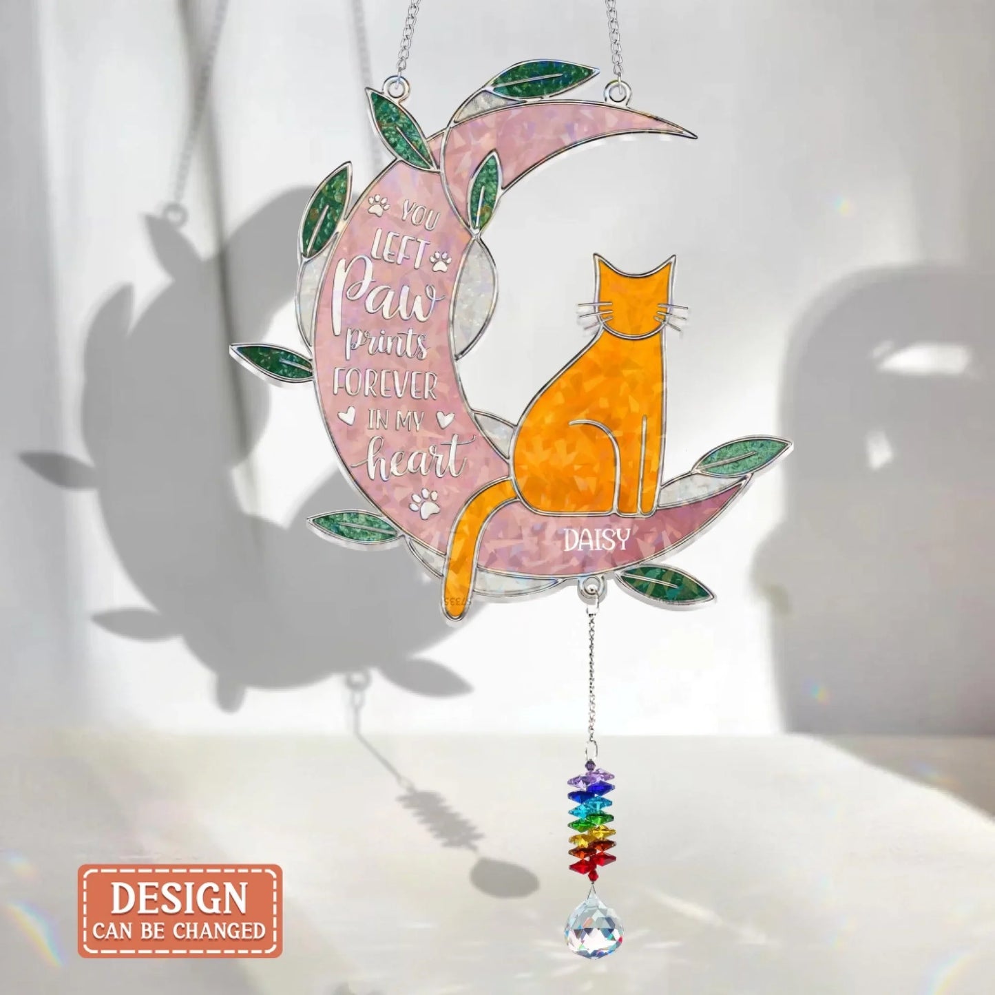 Personlized Cat Memorial Suncatcher Hologram Window Hanging With Crystal Charm - Gift Idea For Cat Owner