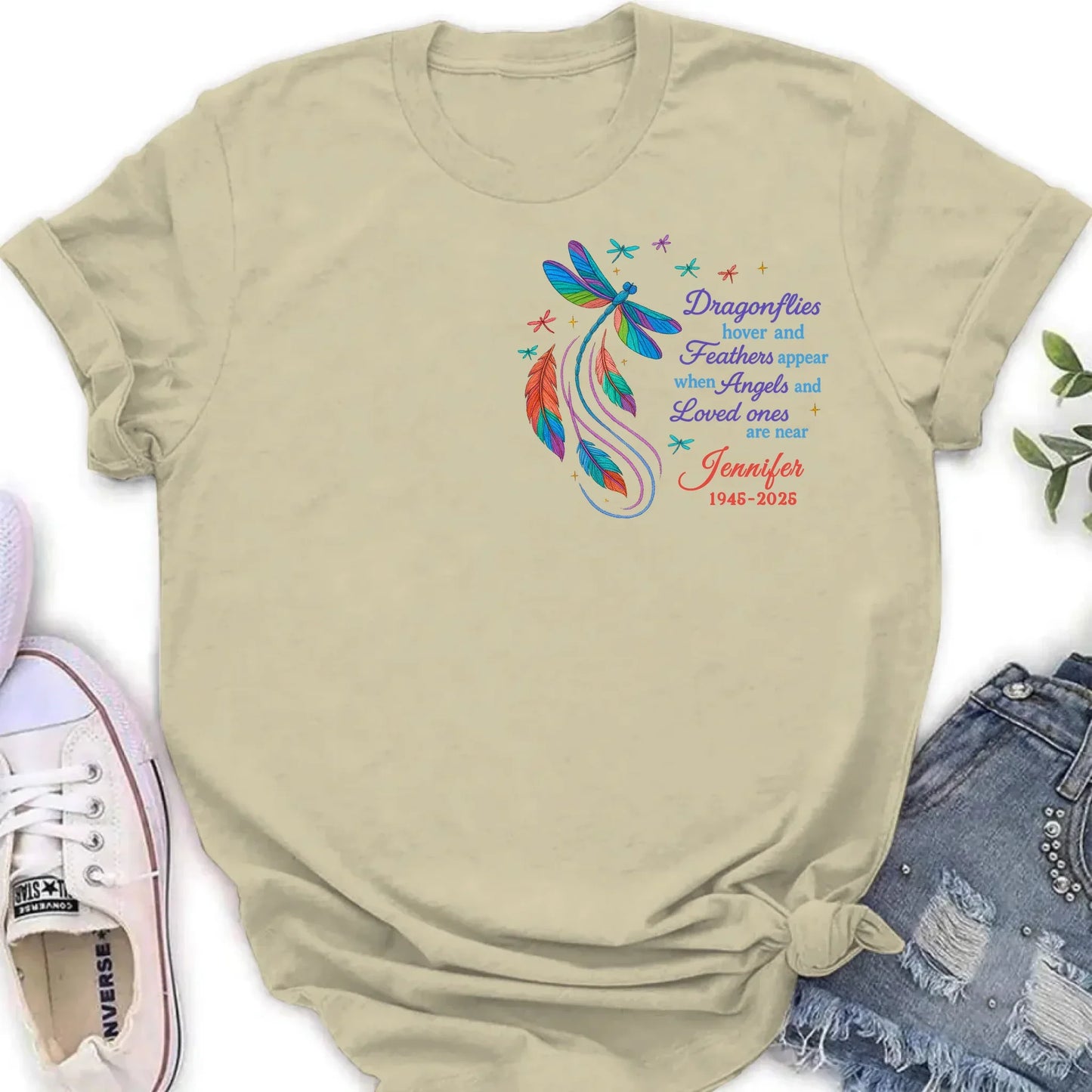 Personalized Memorial Embroidered T-Shirt/Sweater/Hoodie - Memorial Gift Idea - Dragonflies Hover And Feathers Appear When Angels And Loved Ones Are Near
