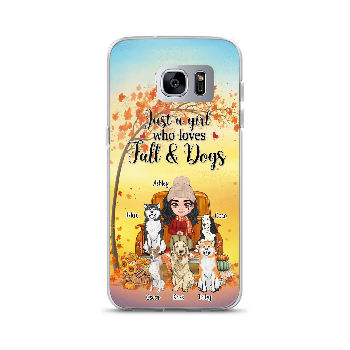 Custom Personalized Dog Mom Fall Season Phone Case - Autumn Gift Idea For Dog Owners - Upto 5 Dogs -  Case For iPhone/Samsung - Just A Girl Who Loves Fall & Dogs