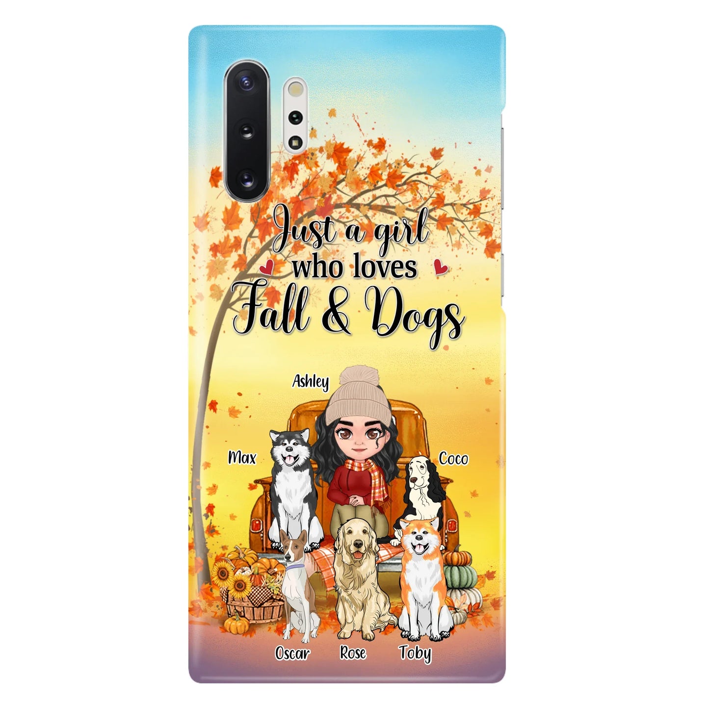 Custom Personalized Dog Mom Fall Season Phone Case - Autumn Gift Idea For Dog Owners - Upto 5 Dogs -  Case For iPhone/Samsung - Just A Girl Who Loves Fall & Dogs