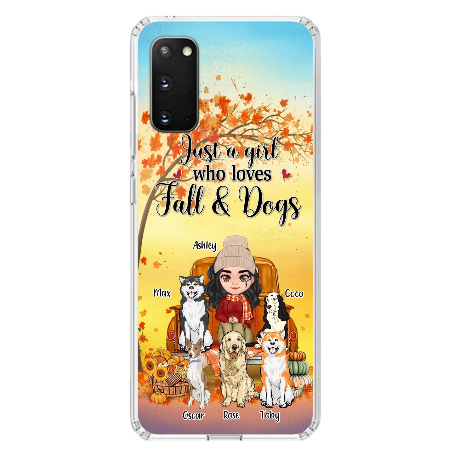 Custom Personalized Dog Mom Fall Season Phone Case - Autumn Gift Idea For Dog Owners - Upto 5 Dogs -  Case For iPhone/Samsung - Just A Girl Who Loves Fall & Dogs
