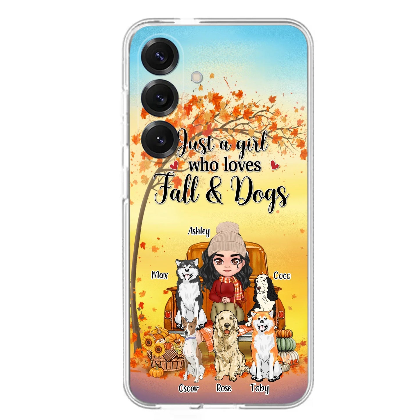 Custom Personalized Dog Mom Fall Season Phone Case - Autumn Gift Idea For Dog Owners - Upto 5 Dogs -  Case For iPhone/Samsung - Just A Girl Who Loves Fall & Dogs
