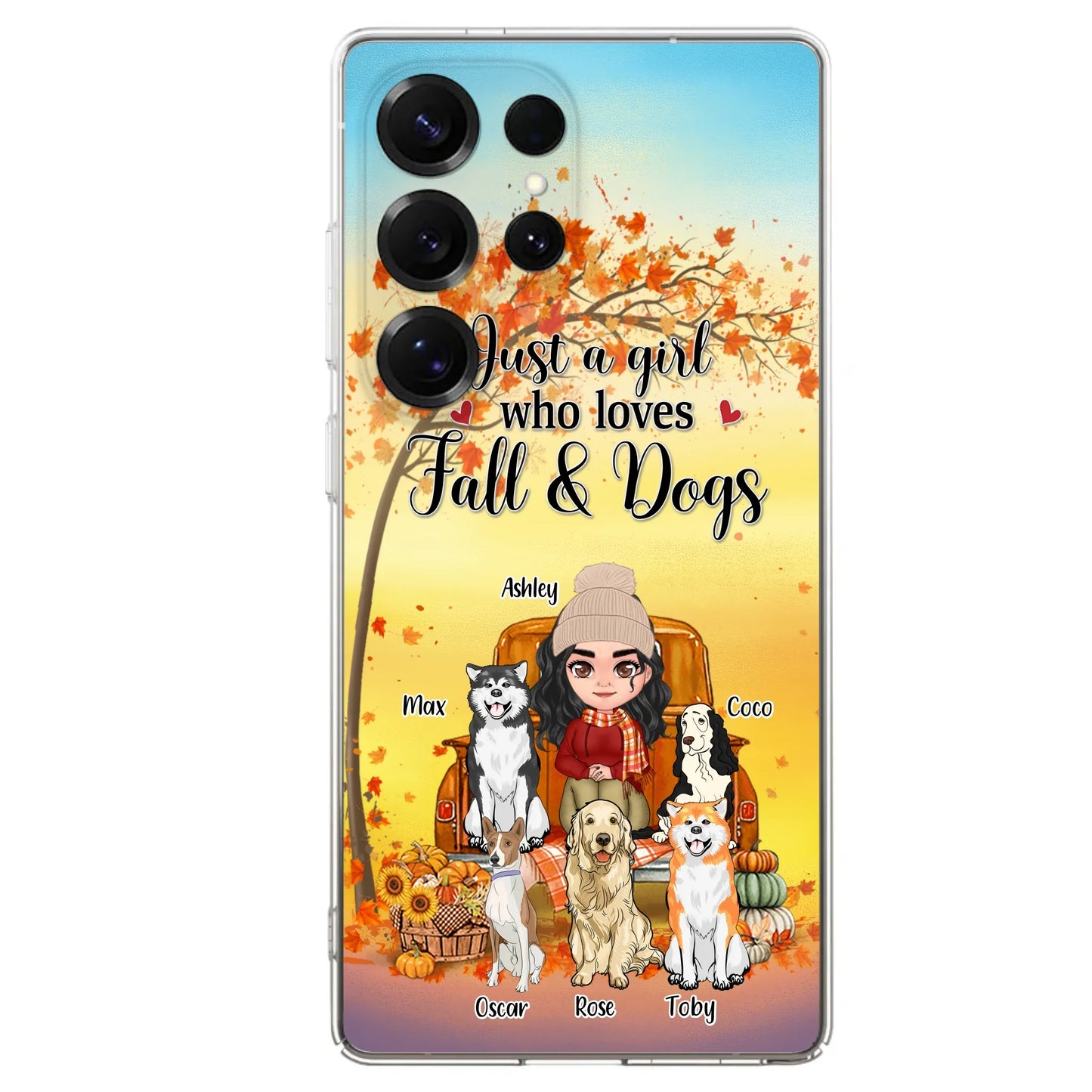 Custom Personalized Dog Mom Fall Season Phone Case - Autumn Gift Idea For Dog Owners - Upto 5 Dogs -  Case For iPhone/Samsung - Just A Girl Who Loves Fall & Dogs