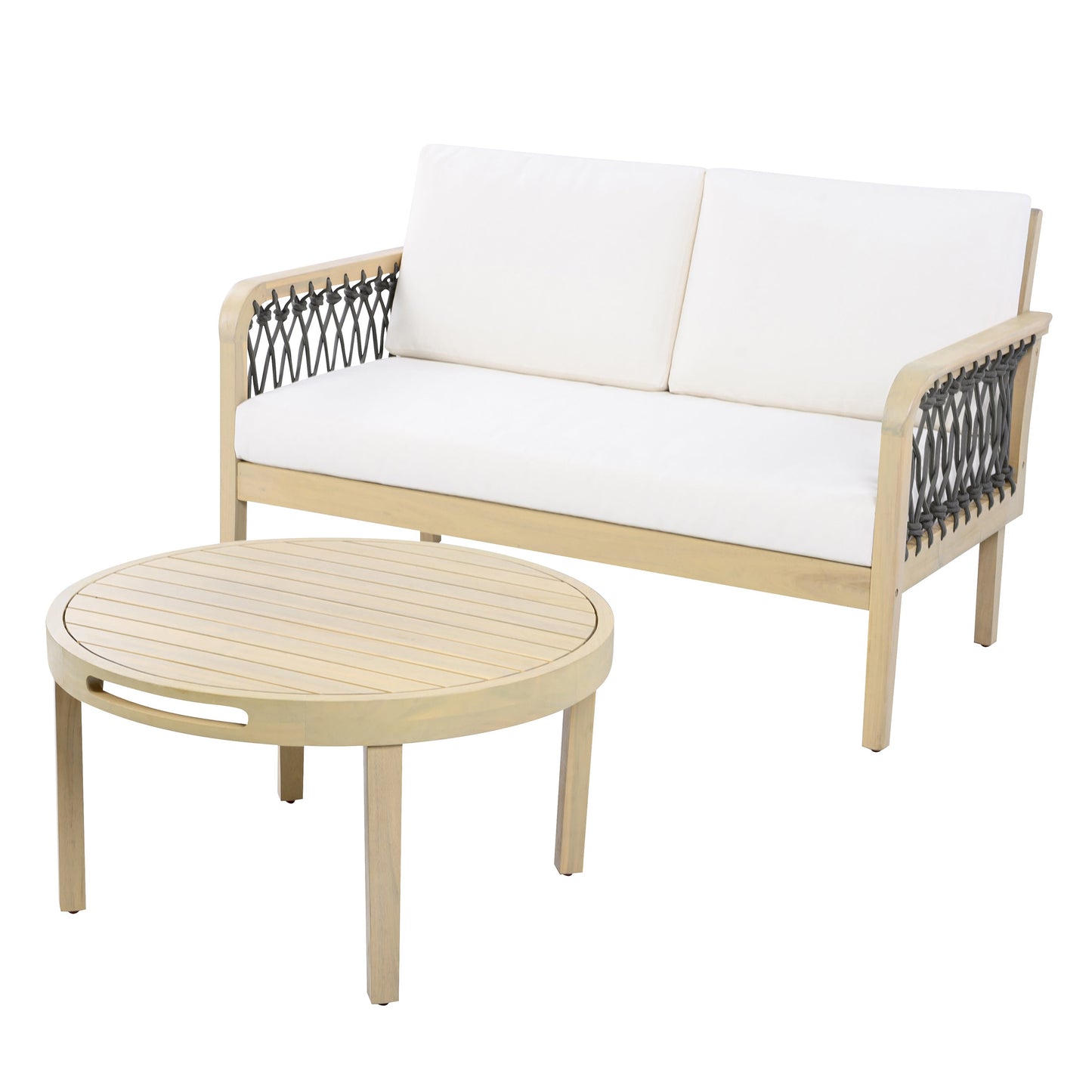Outdoor Acacia Wood Loveseat & Coffee Table Set with Handwoven Rope, Light Teak