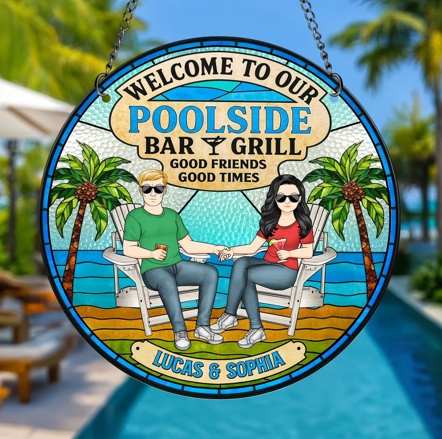 Personalized Welcome To Our Poolside Acrylic Suncatcher - Summer Gift Idea For Couple