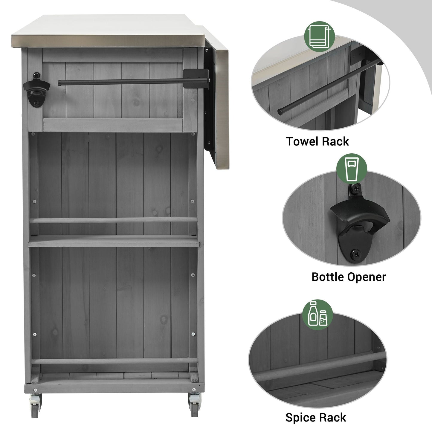 Outdoor Kitchen Island With Stainless Steel Top, Ample Storage Space, Towel And Spice Racks And A Bottle Opener