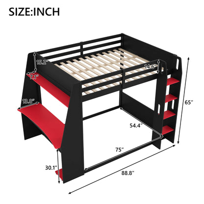 Full Size Wooden Gaming Bunk Bed with Desk, Two Storage Shelves, USB and LED Light