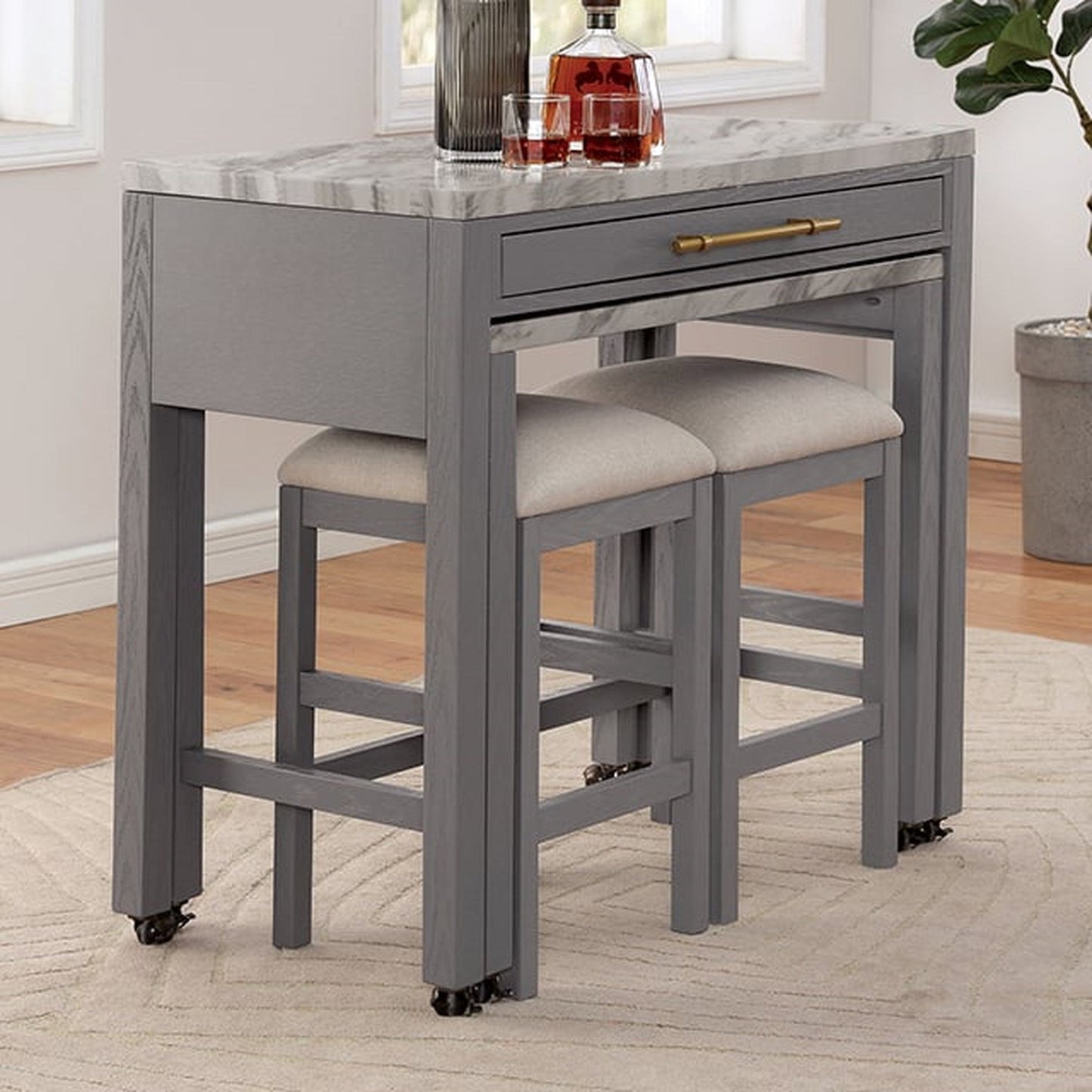 Light Gray Faux Marble Dining Table with Storage Drawer