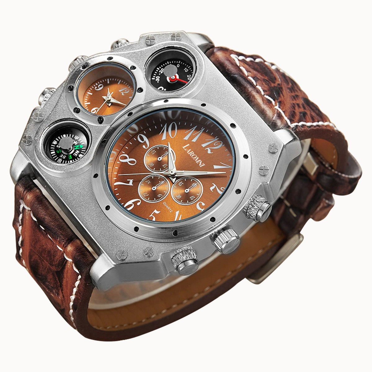 MenÕs Quartz Watch Two Time Zone Big Face Military Style Compass Thermometer Decorative Dial PU Leather Strap