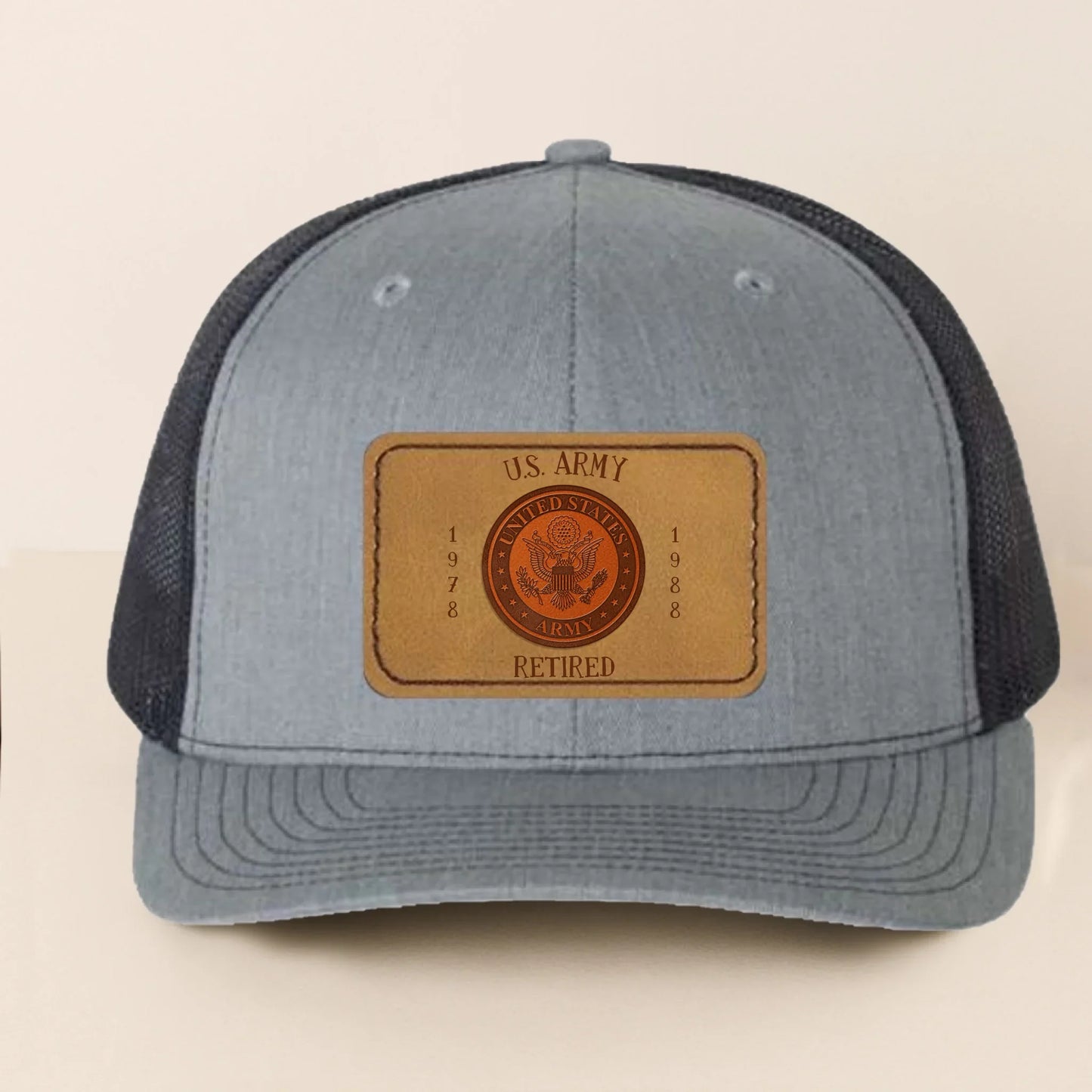 Custom Logo Veteran Retirement Gift Leather Patch Snapback Trucker Cap - Retirement/Veteran Gift For Dad