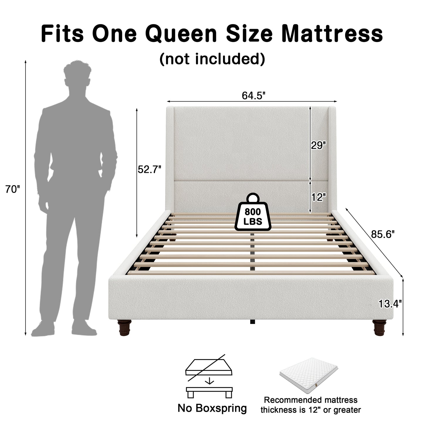 52.7" Tall Upholstered Wingback Queen Platform Bed Frame
