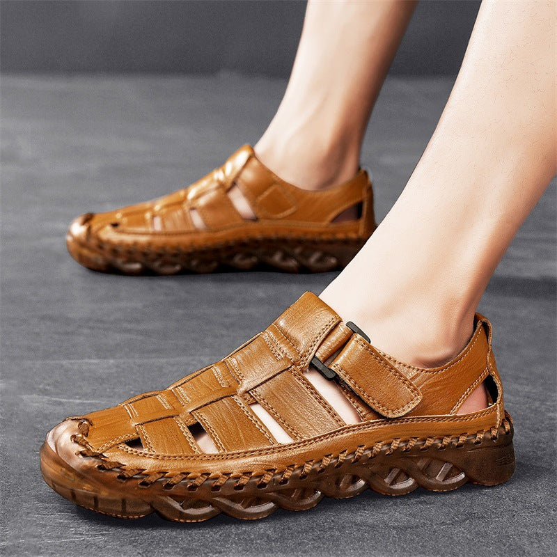 Mens Beach Sandals Outdoor Casual Leather Closed-Toe Wear-Resistant Breathable Shoes For Men