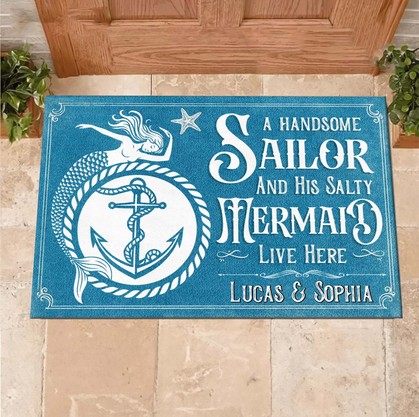 Custom Personalized Mermaid & Sailor Doormat - Gift Idea For Couple - A Handsome Sailor And His Salty Mermaid Live Here