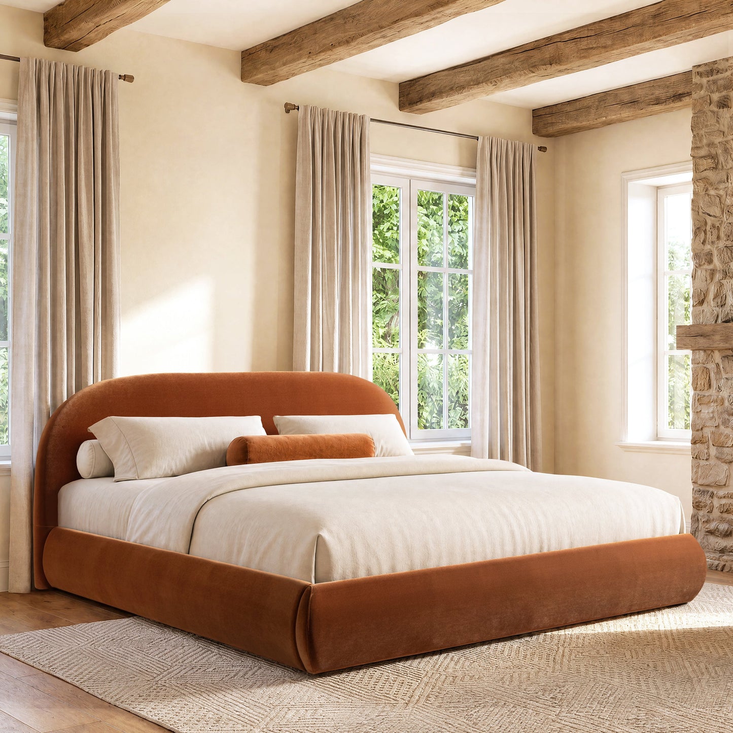 Archie Puffy Grounded Upholstered Platform Bed, King, Burnt