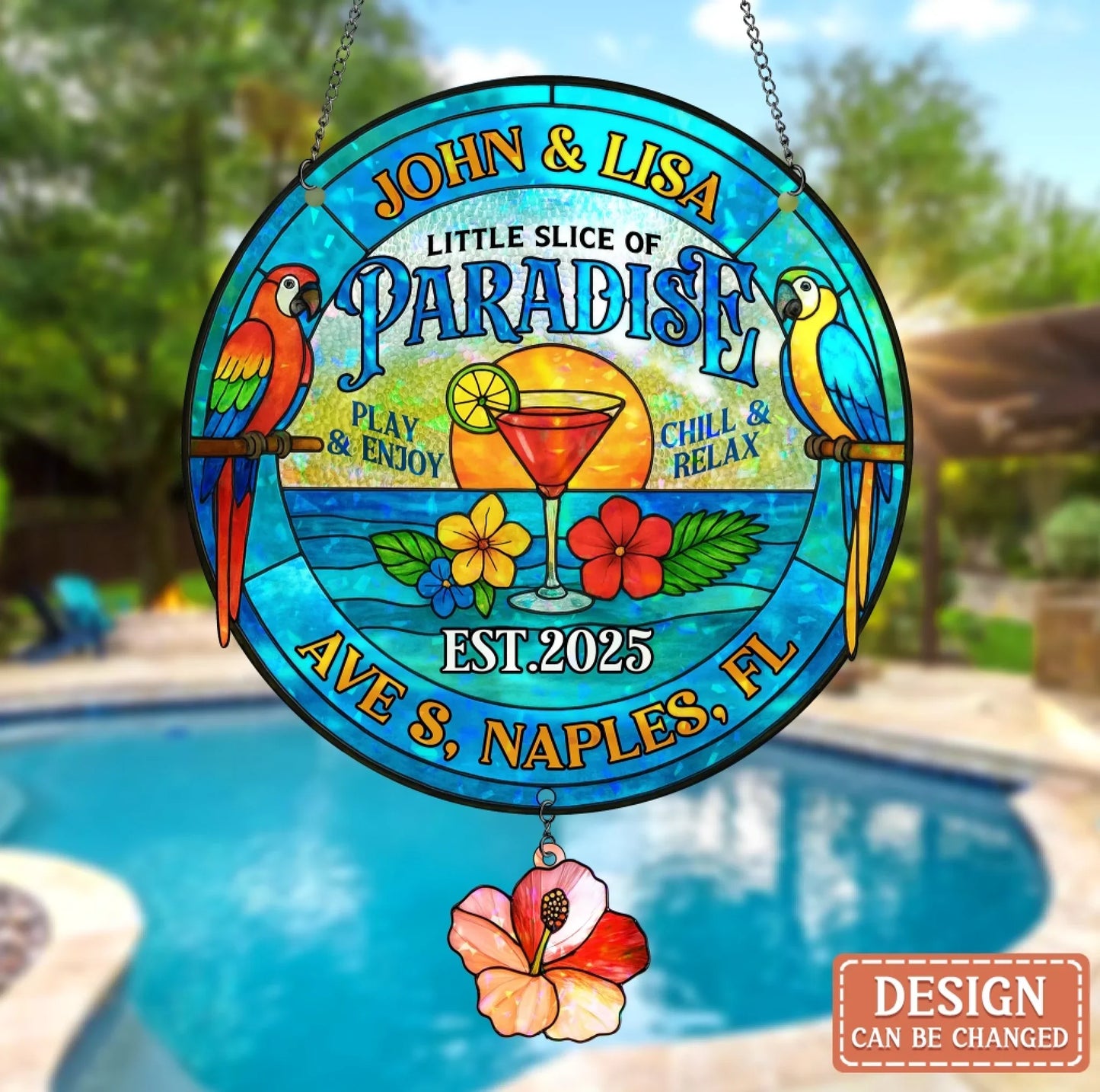 Personalized Oasis Backyard Acrylic Suncatcher - Summer Gift Idea - Little Slice Of Paradise