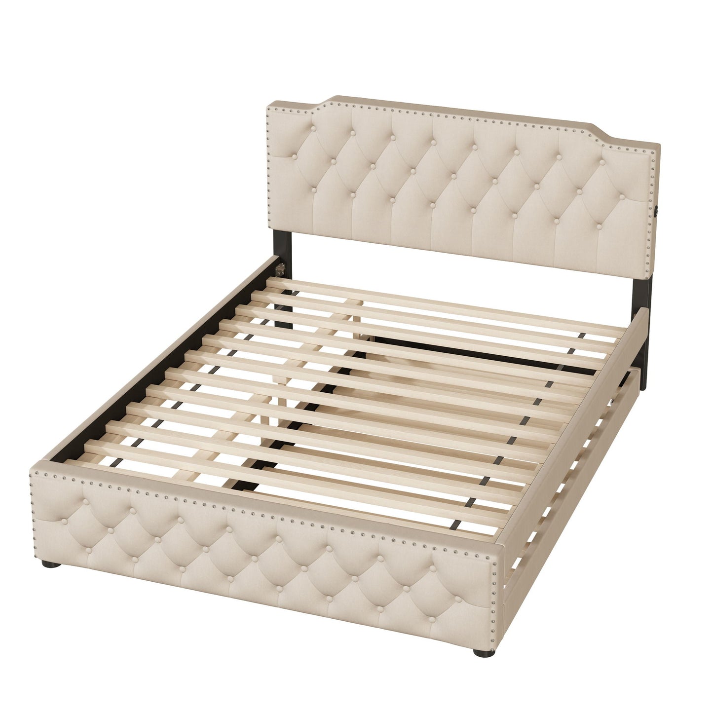Upholstered Platform Bed With Trundle And 2 Sets Of USB Ports On Each Side, Fabric