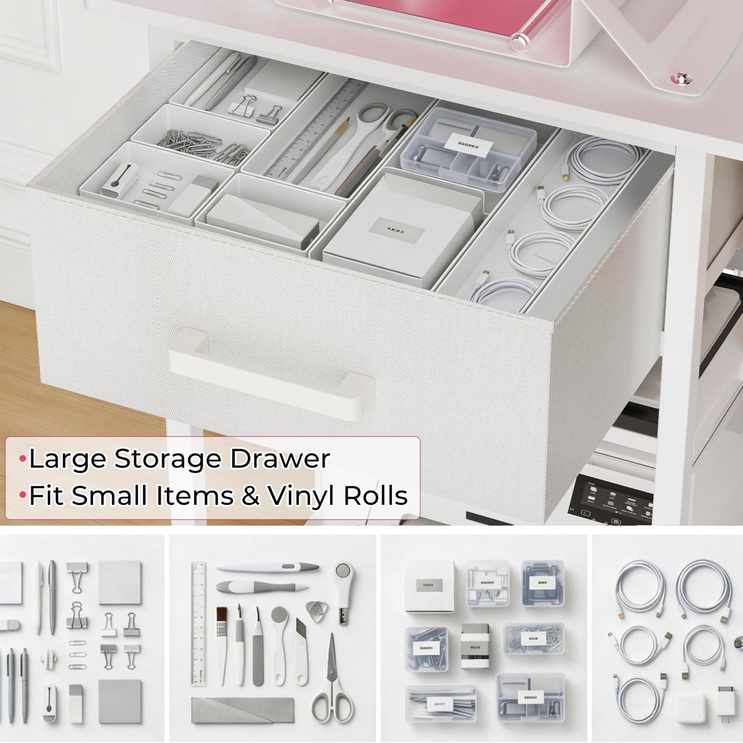 Large Heat Press Table With Charging Station, Movable Workbench For Diy Sublimation - White