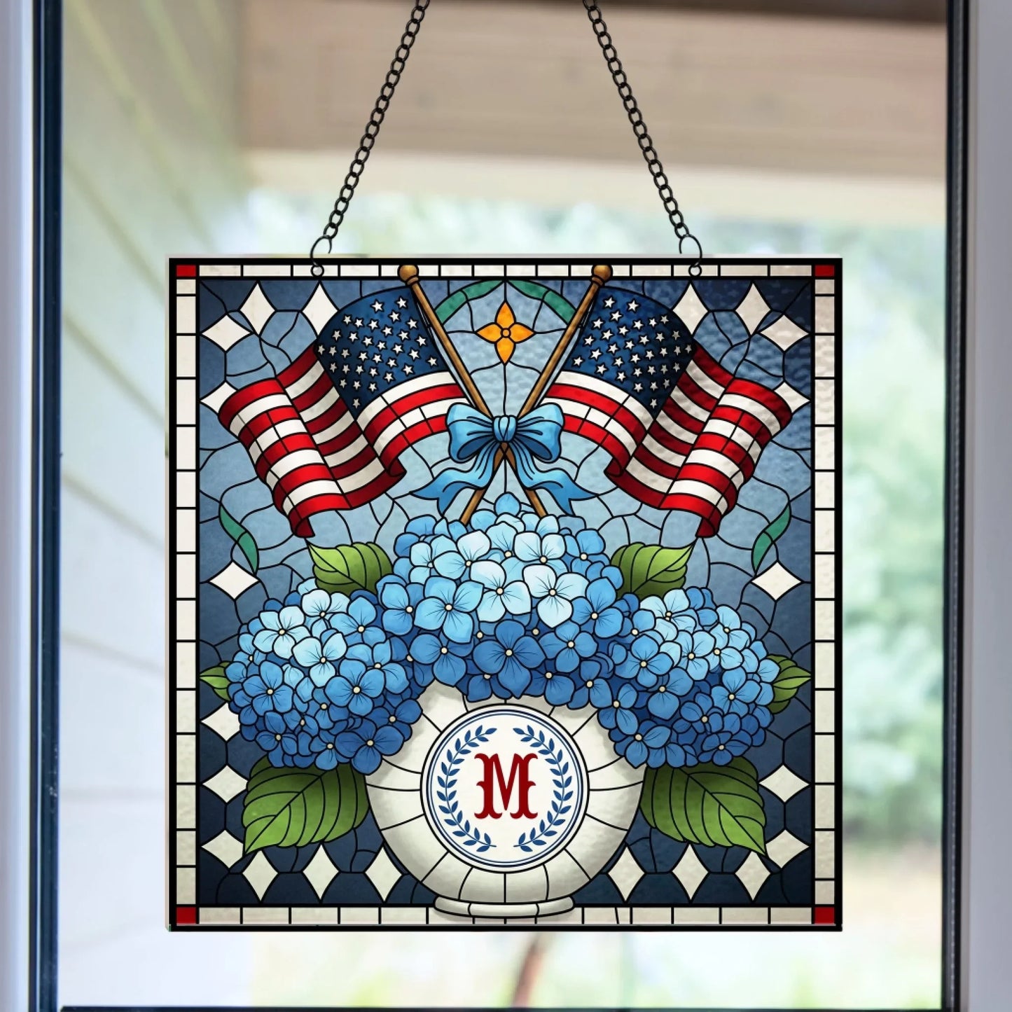 Personalized Patriotic Chinoiserie Blue Hydrangeas Acrylic Suncatcher - Window Hanging Gift For Family