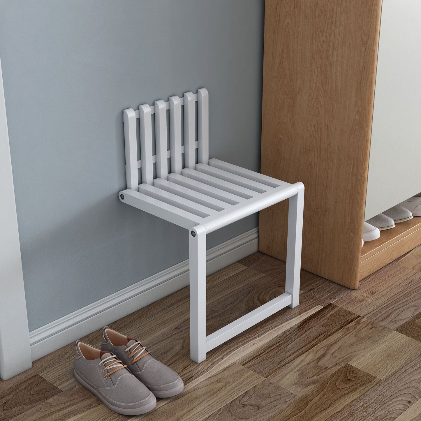 Wall-Mounted Folding Chair for Shoe Changing - Space-Saving Solid Wood Design