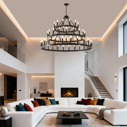 3 Tiers Wagon Wheel Chandelier - 54-Light Matte Black Metal