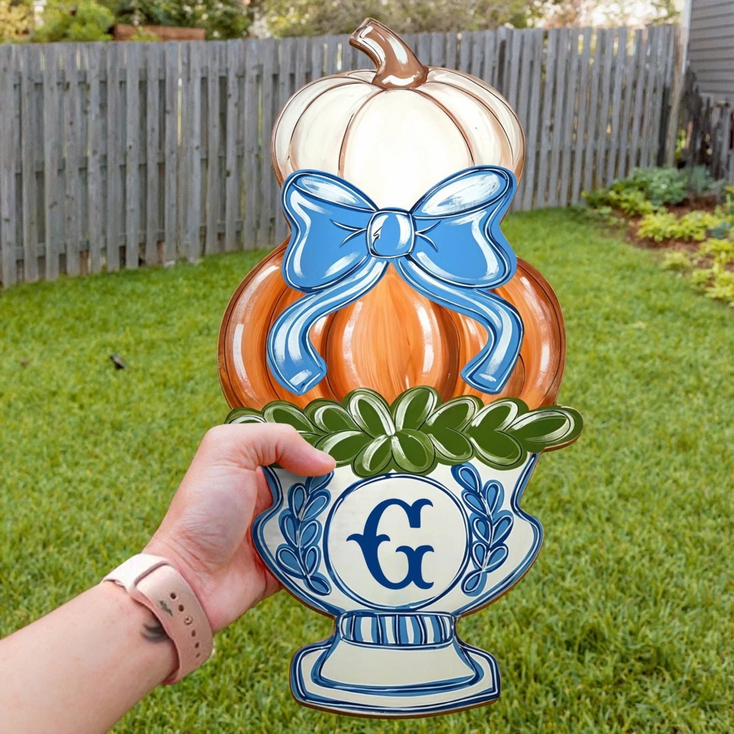 Personalized Chinoiserie Pumpkin Vase Door Hanger - Wooden Sign Gift Idea For Family