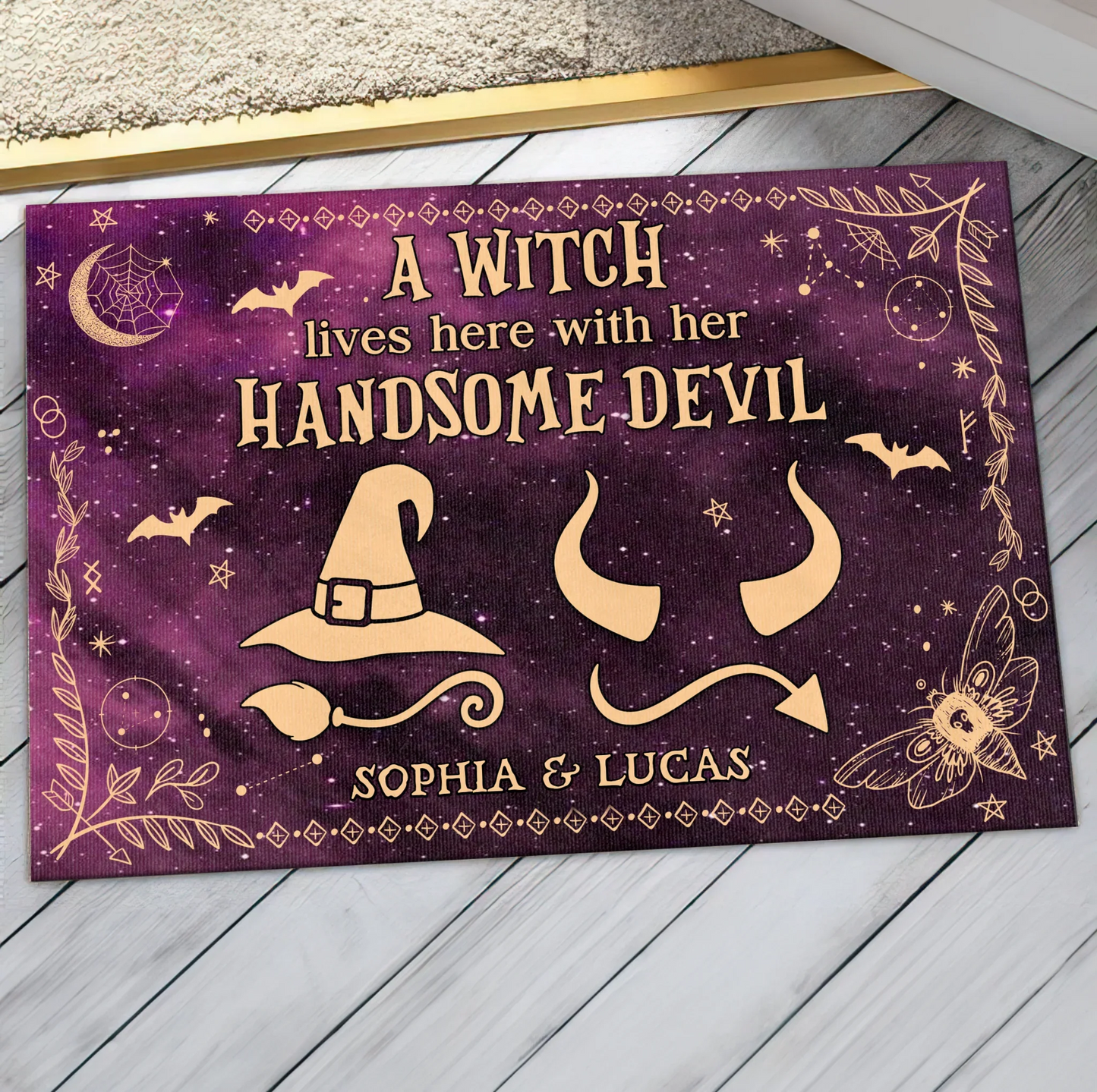 Personalized Witch & Devil Doormat - Gift Idea For Couple - A Witch Lives Here With Her Handsome Devil