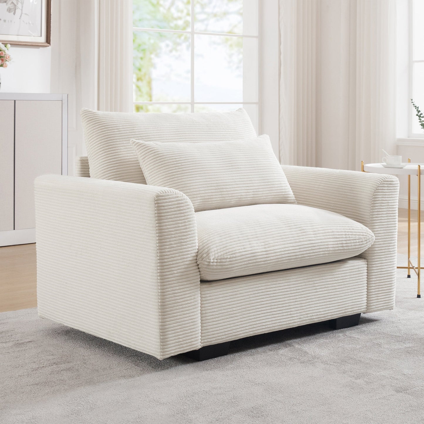 Beige Corduroy Deep Seat Single Sofa Accent Chair