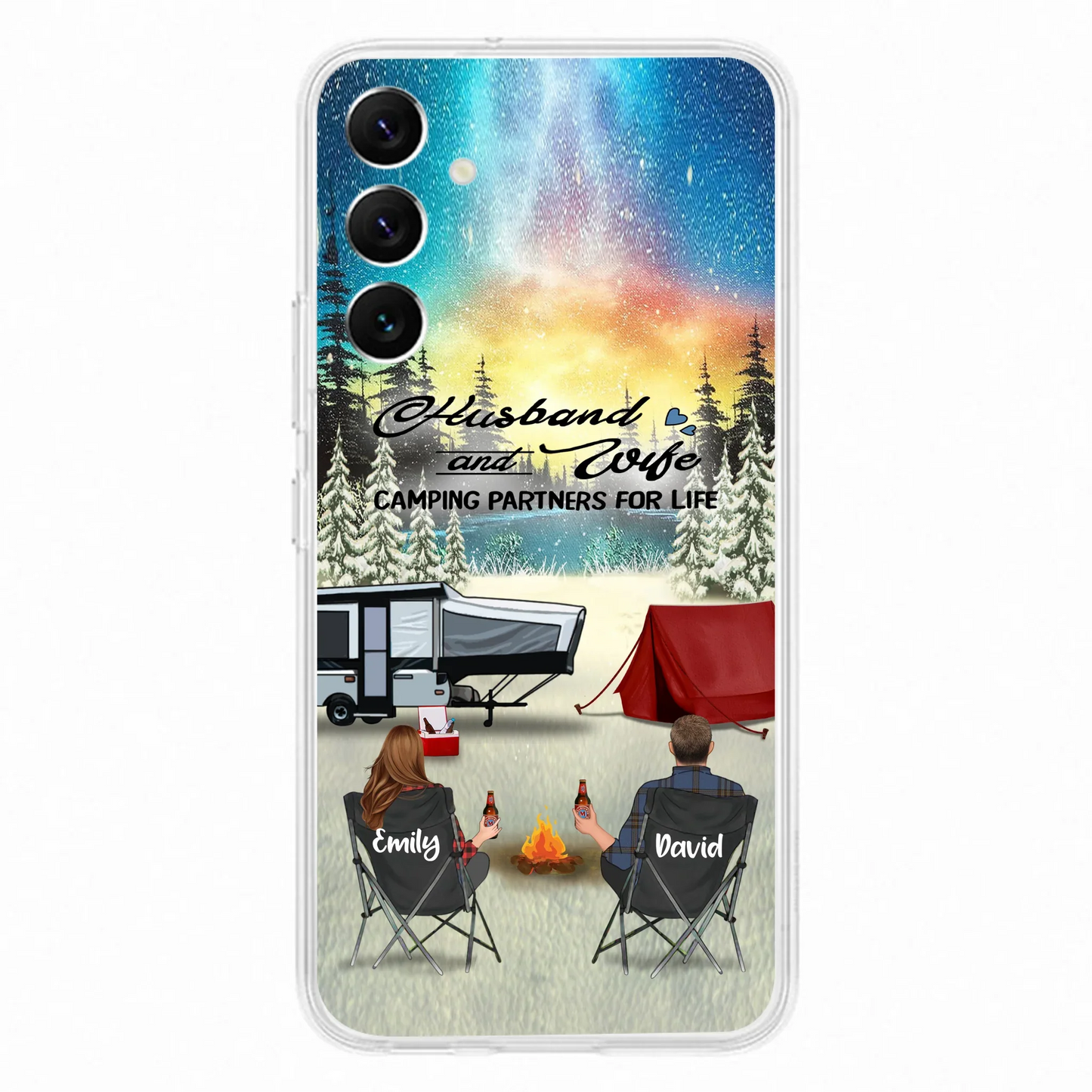 Custom Personalized Camping Xmas Phone Case - Christmas Gift For Camping Family/Couple/Single Parent/Solo - Upto 3 Kids and 4 Pets - Husband And Wife Camping Partners For Life - Case For iPhone And Samsung