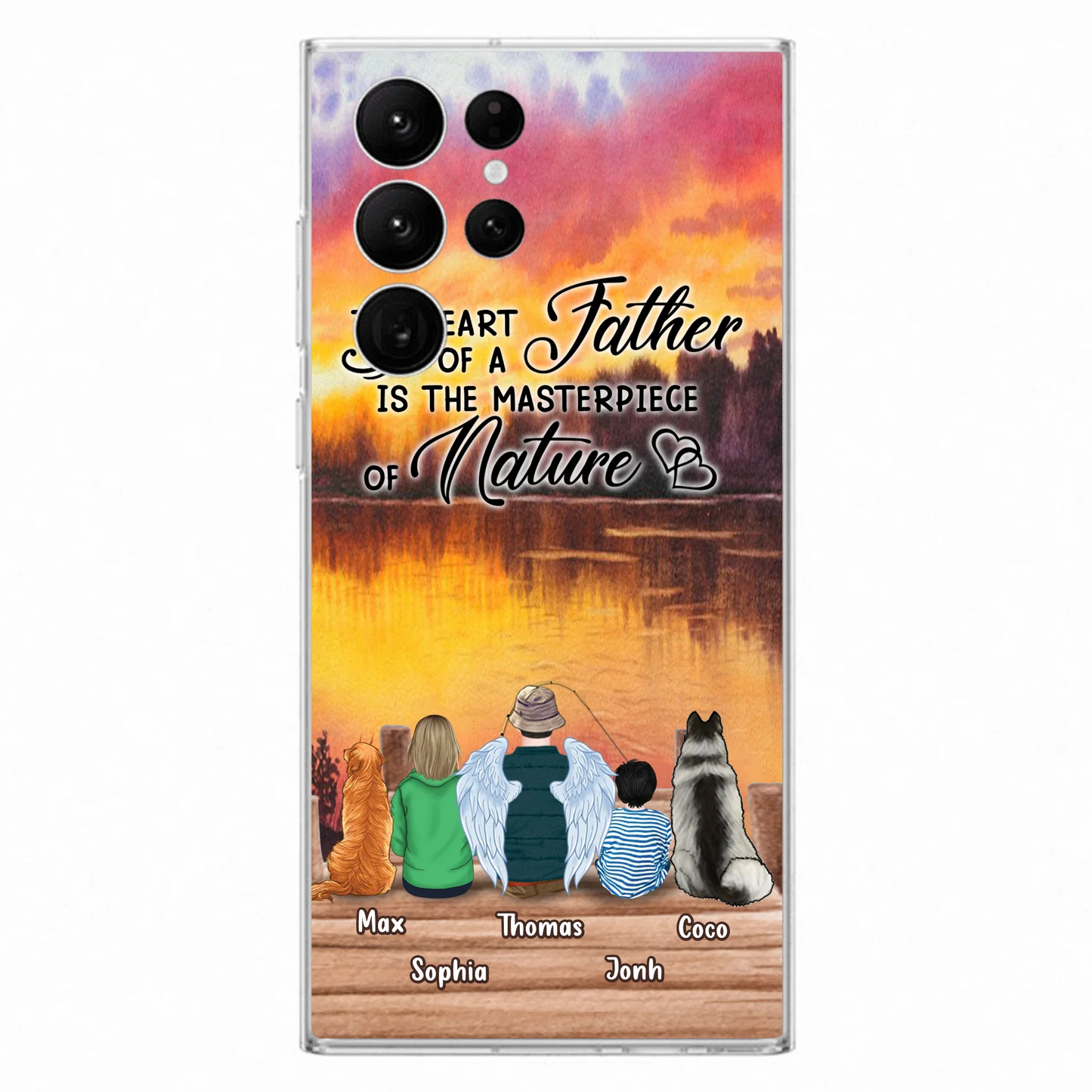 Custom Personalized Father Fishing Phone Case - Father With Up to 2 Kids And 2 Pets - Gift Idea For Father/ Fishing Lover - The Heart Of A Father Is The Masterpiece Of Nature - Case For iPhone And Samsung