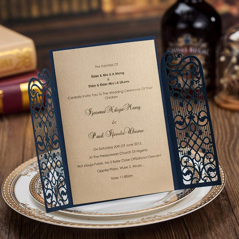 Personalized Navy Blue Laser Cut Wedding Invitation | Custom Tri-Fold Elegant Floral Gate Design Cards for Weddings, Quinceañeras & Special Events