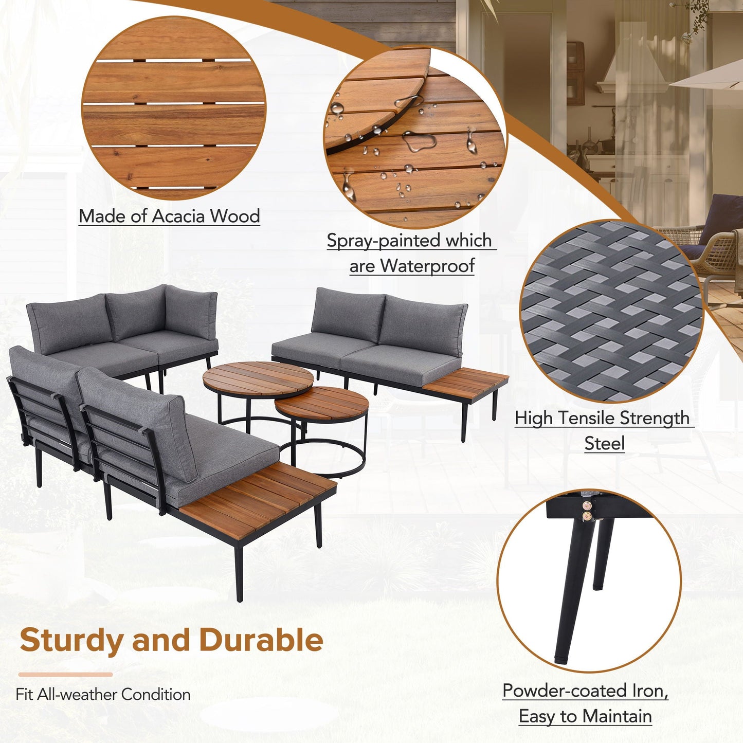 Modern Outdoor Sectional Sofa Set With Nesting Coffee Tables