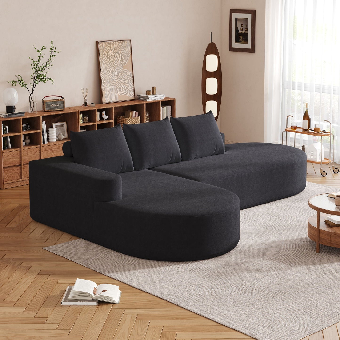 Modern Curved Sofa, L-Shaped Modular Sectional Set With 3 Pillows