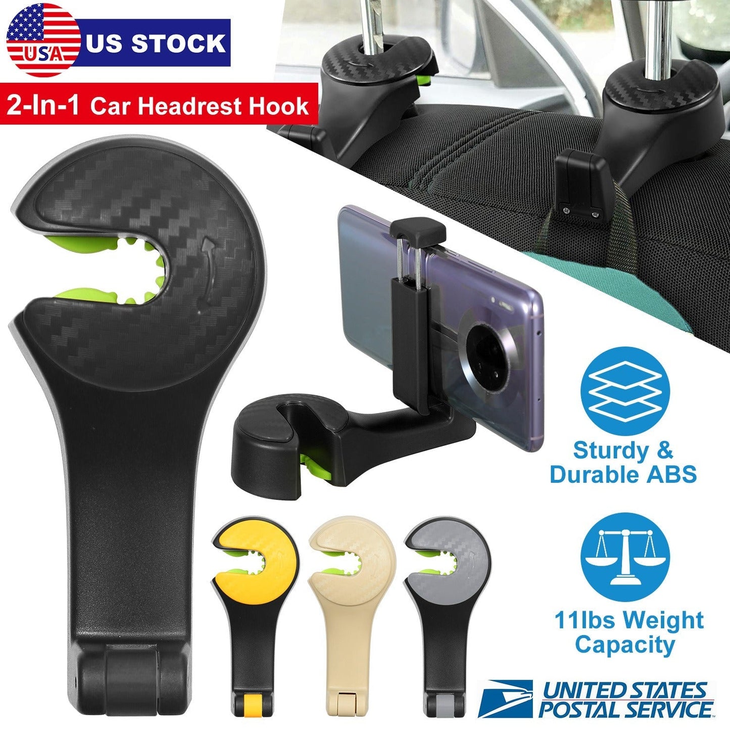 Car Hook Car Seat Back Hook Car Headrest Hook Hanger with Phone Mount Holder Lock Phone Bracket