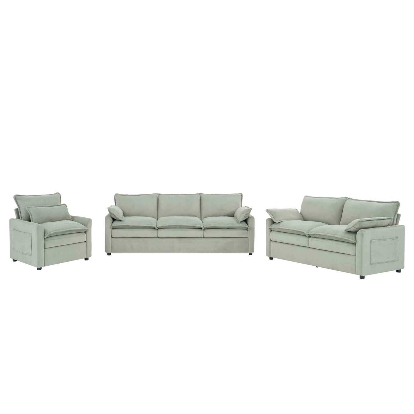 Modern Sofa Set With Double Layer Cushion And Side Storage Pockets