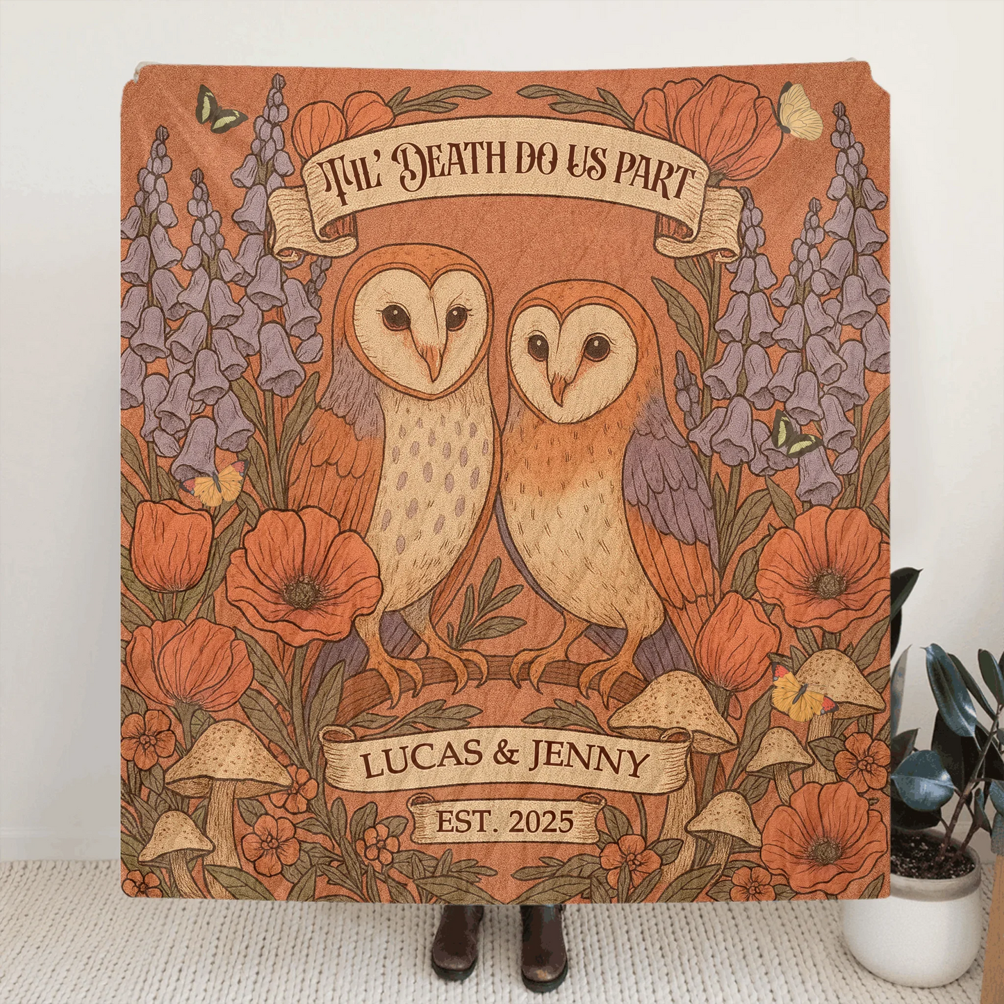 Personalized Owl Couple Cottage Quilt/Fleece Throw Blanket - Gift Idea For Couple - Til' Death Do Us Part