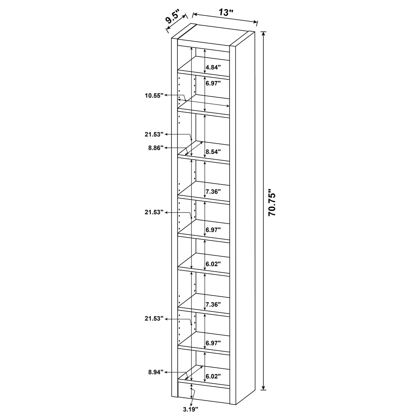 Rectangular Bookcase Tall Slim Storage With 9 Shelves - Brown