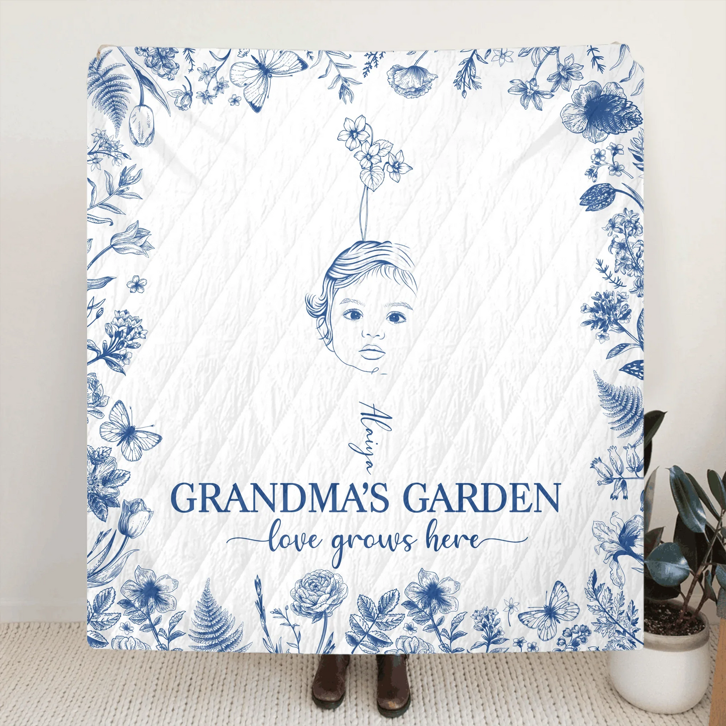 Personalized Grandma's Garden Quilt/Fleece Throw Blanket/Pillow Cover - Custom Side Profile Birthmonth Flower - Up to 6 Kids - Love Grows Here