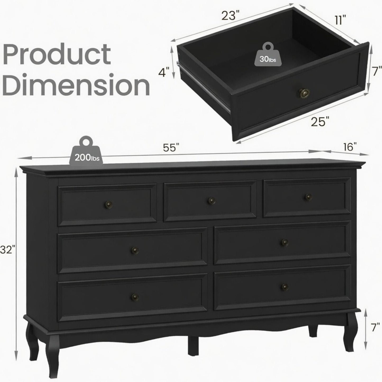 7 Drawer Dresser, Storage Chest - Black