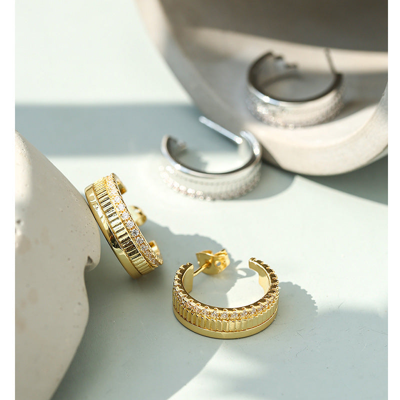 New Ace Luxe 14K Gold Zircon Gear Hoop Earrings | Stylish Ribbed Gold Huggies with Cubic Zirconia Accents