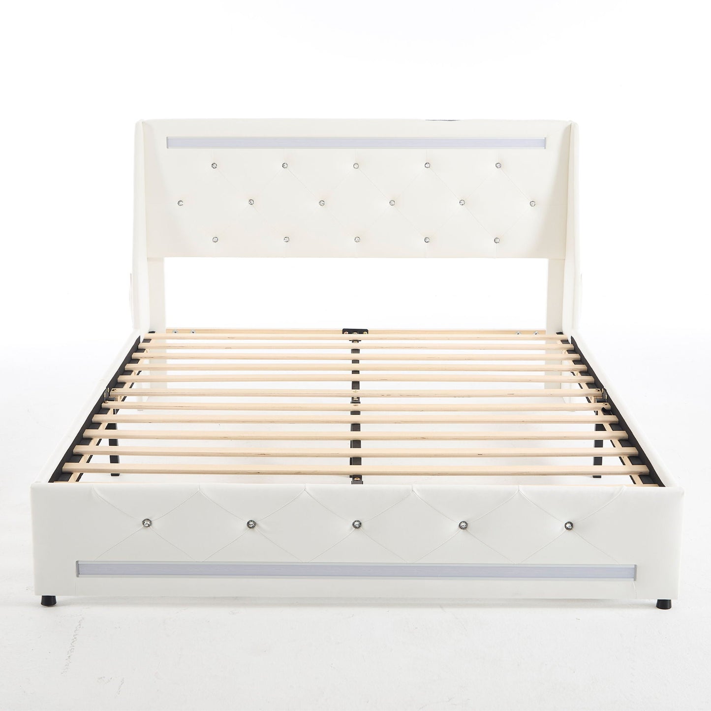 Wingback Upholstered Bed Frame With LED Lights, Charging Station